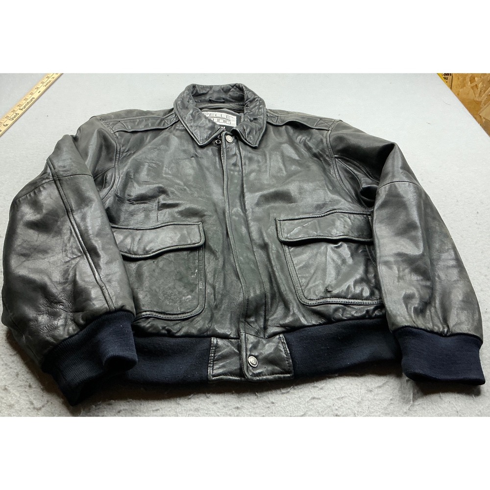 Pelle Studio Vintage Leather Bomber Jacket Aviator Flight Black Medium